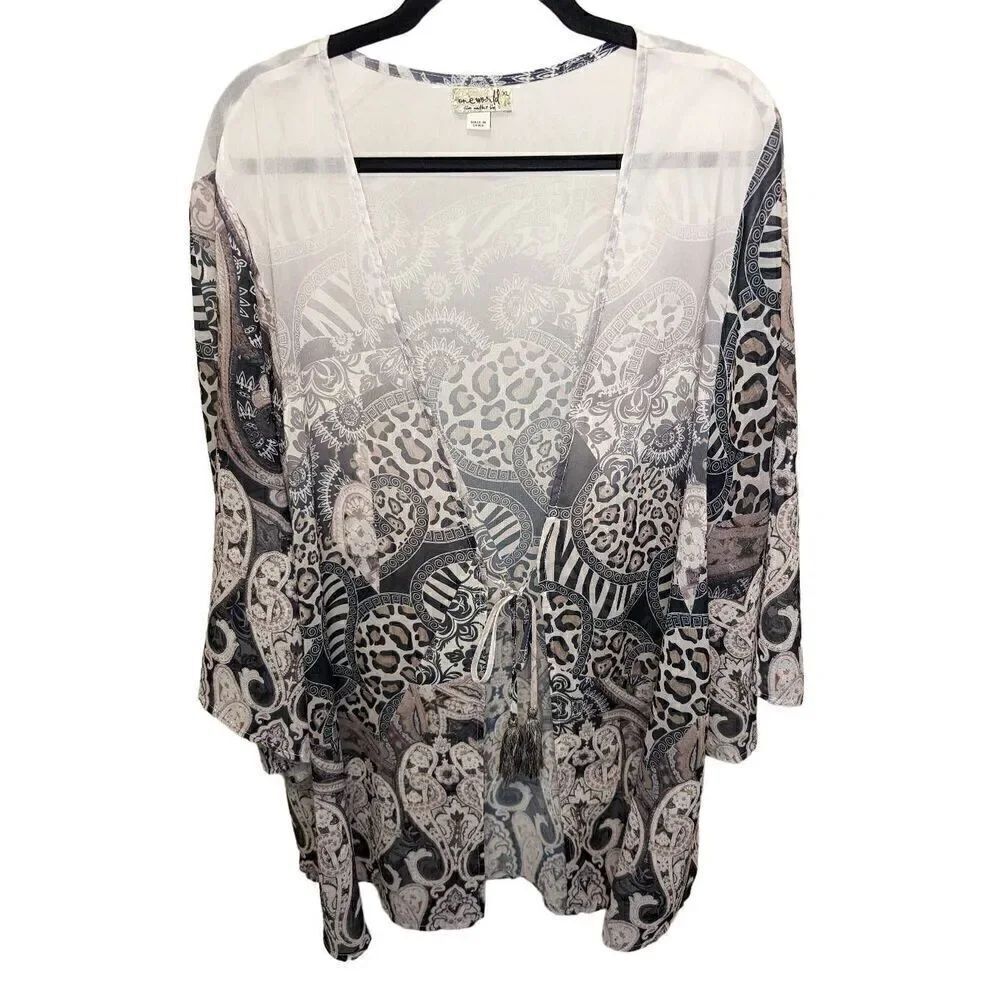 One World Black White and Animal Printed V-neck Shawl with Tie on Front Women's